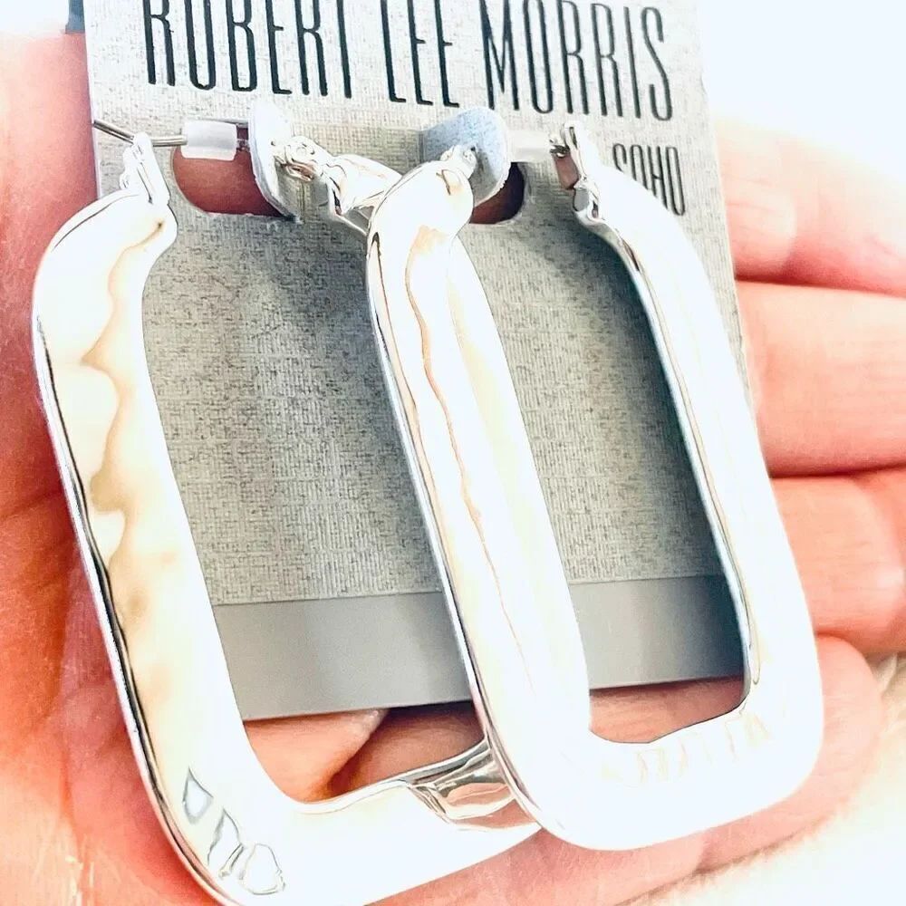 NWT Robert Lee Morris Soho Large Square Silver Polished Hammered Hoops earrings - Picture 12 of 12